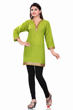 Green sari kurti tunic shown draped on a model