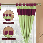 Olive green raw silk curtain and cushion cover set shown together