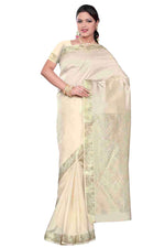 Cream art silk sari shown draped on a model