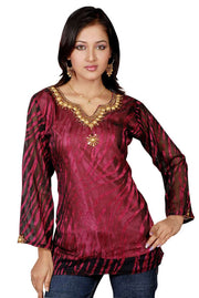 Burgundy sari kurti tunic shown draped on a model