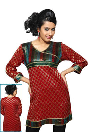 Red sari kurti tunic shown draped on a model