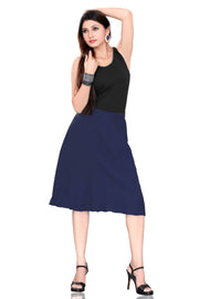 Navy blue georgette pleated skirt shown draped on a model