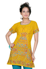 Mustard poly crepe kurti tunic shown draped on a model