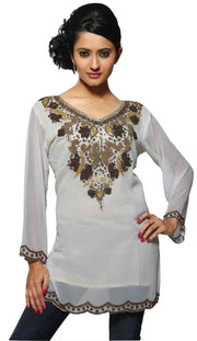 Gold georgette kurti tunic shown draped on a model