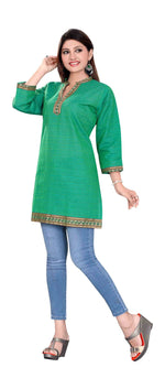 Green sari kurti tunic shown draped on a model