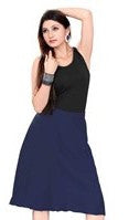 Navy blue georgette pleated skirt shown draped on a model