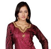 Burgundy sari kurti tunic shown draped on a model