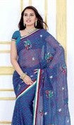 Dark blue georgette sari shown draped on a model