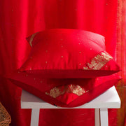 Fire brick sari cushion covers arranged on a sofa