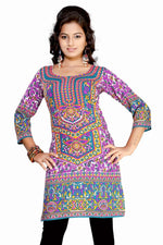 Lavender sari kurti tunic shown draped on a model