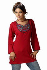 Red poly crepe kurti tunic shown draped on a model
