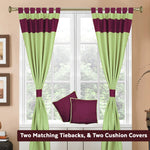 Olive green raw silk curtain and cushion cover set shown together