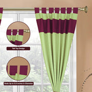 Olive green raw silk curtain and cushion cover set shown together