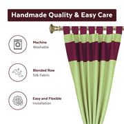 Olive green raw silk curtain and cushion cover set shown together
