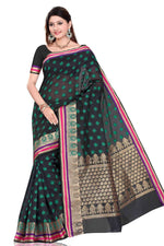 Black art silk sari shown draped on a model