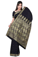 Black art silk sari shown draped on a model
