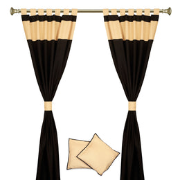 Black raw silk curtain and cushion cover set shown together