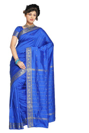 Blue art silk sari shown draped on a model