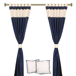Cream raw silk curtain and cushion cover set shown together