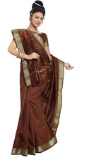 Brown art silk sari shown draped on a model