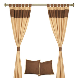 Brown raw silk curtain and cushion cover set shown together