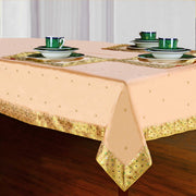 Golden sari tablecloth laid on a dining table
