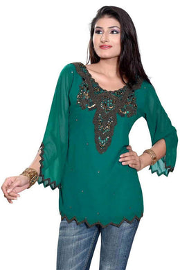 Green georgette kurti tunic shown draped on a model