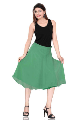 Green georgette pleated skirt shown draped on a model