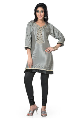 Grey silk kurti tunic shown draped on a model