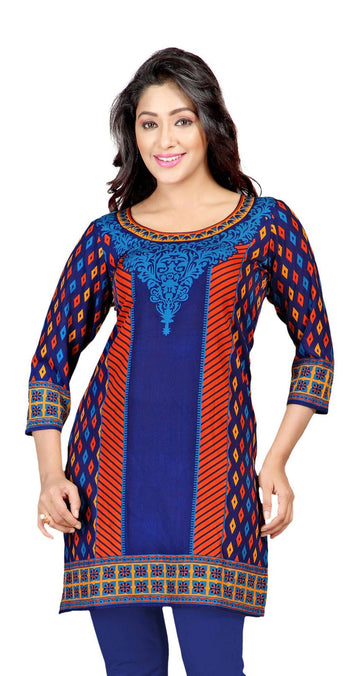 Blue sari kurti tunic shown draped on a model