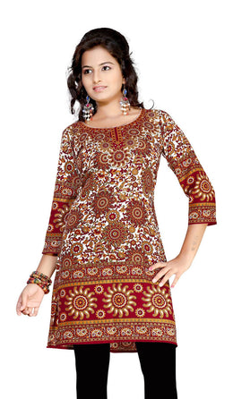 Maroon sari kurti tunic shown draped on a model