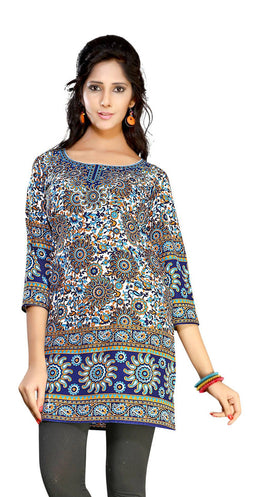 Dark blue sari kurti tunic shown draped on a model