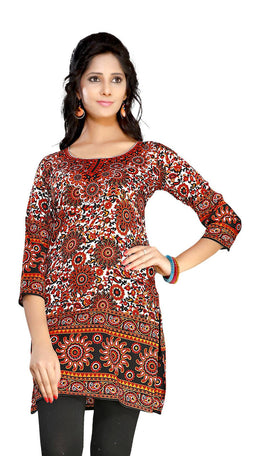Red sari kurti tunic shown draped on a model