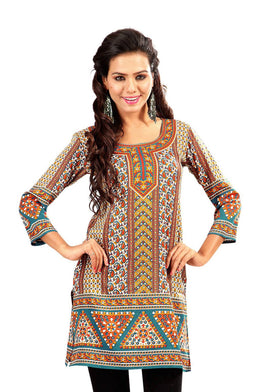 Brown sari kurti tunic shown draped on a model