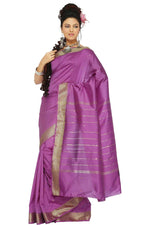 Lavender art silk sari shown draped on a model