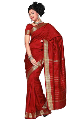 Maroon art silk sari shown draped on a model