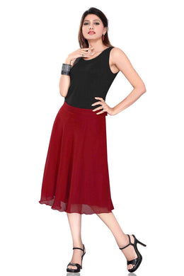 Maroon georgette pleated skirt shown draped on a model