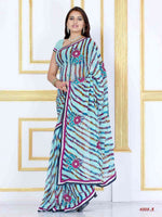 Sky blue georgette sari shown draped on a model
