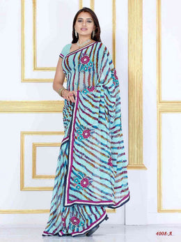 Sky blue georgette sari shown draped on a model