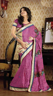 Pink georgette sari shown draped on a model