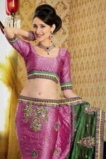 Pink georgette sari shown draped on a model