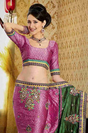 Pink georgette sari shown draped on a model