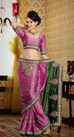 Pink georgette sari shown draped on a model