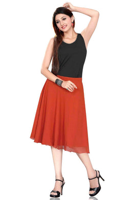 Orange georgette pleated skirt shown draped on a model