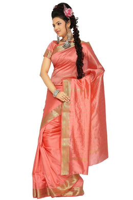 Peach art silk sari shown draped on a model