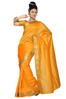 Pumpkin art silk sari shown draped on a model