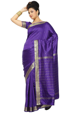 Purple art silk sari shown draped on a model