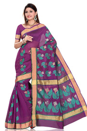 Purple art silk sari shown draped on a model