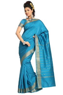 Turquoise art silk sari shown draped on a model