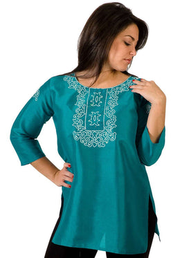 Turquoise art silk kurti tunic shown draped on a model